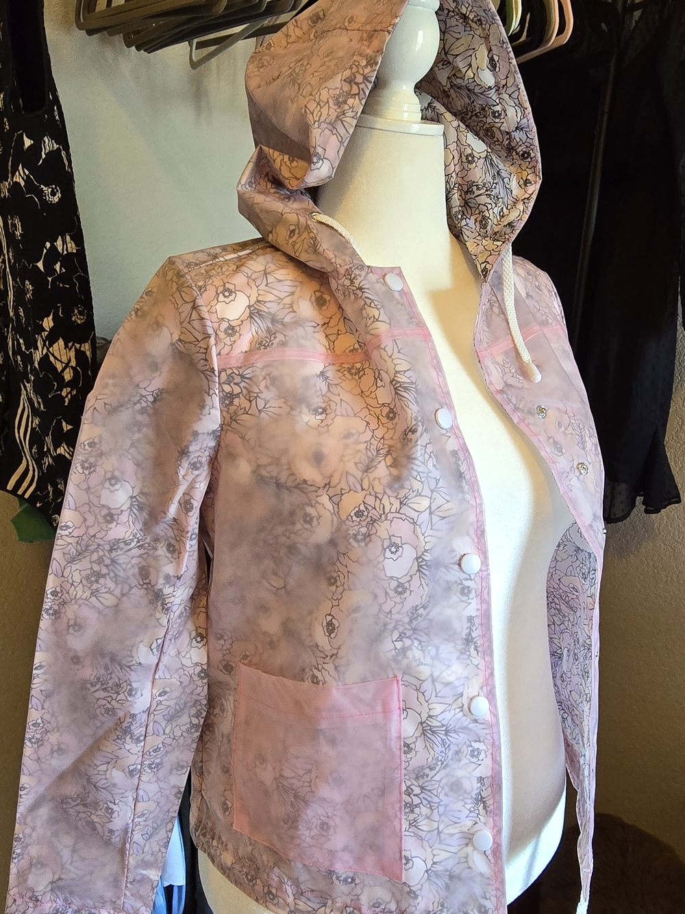 Coffee Shop Light Pink Floral Hooded Rain Jacket - NWT Small